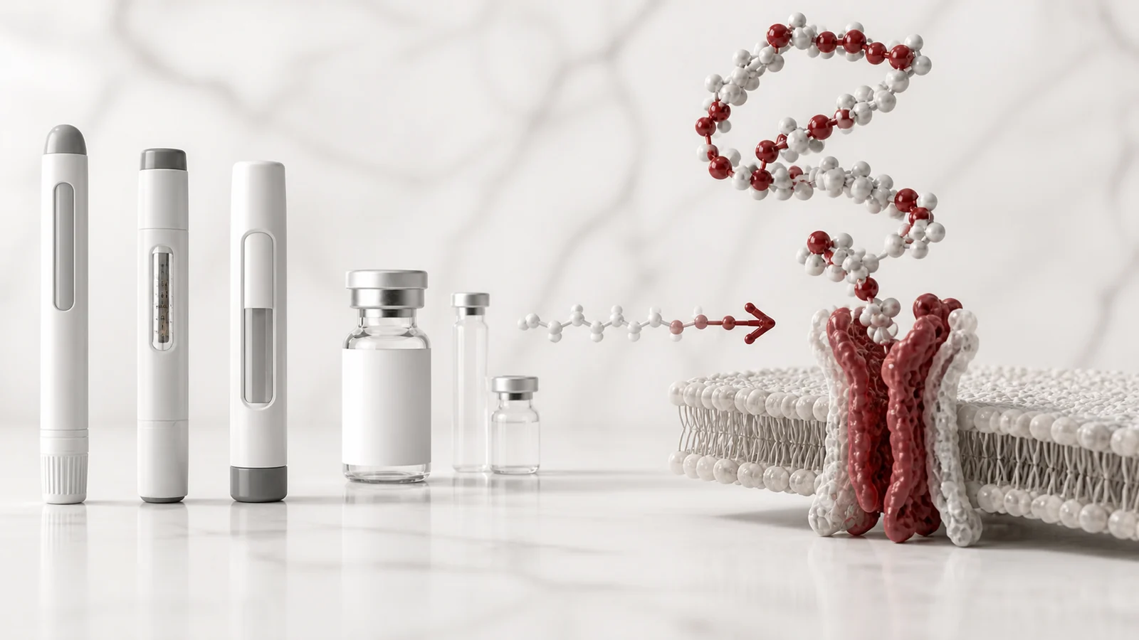 GLP-1 medicine and peptide research concept with molecular chain and receptor visualization