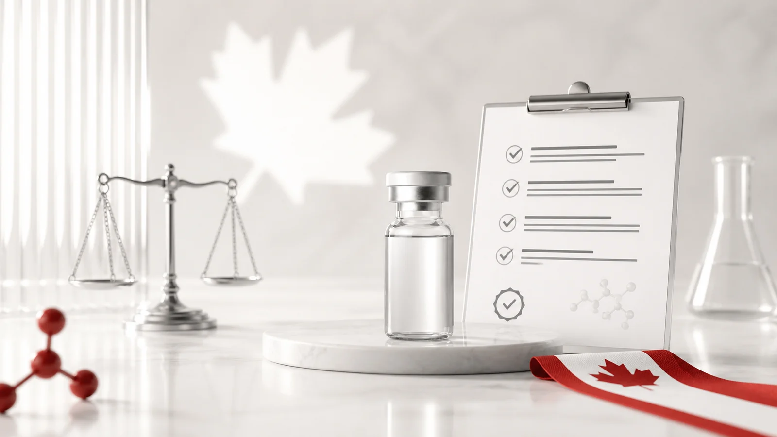 Canadian peptide research regulation concept with a laboratory vial, maple leaf and compliance document