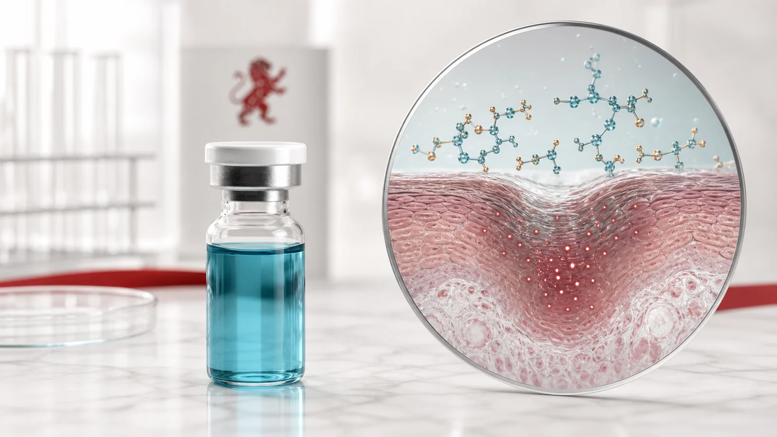 GHK-Cu research concept with copper peptide solution, skin-layer microscopy and localized reaction signals