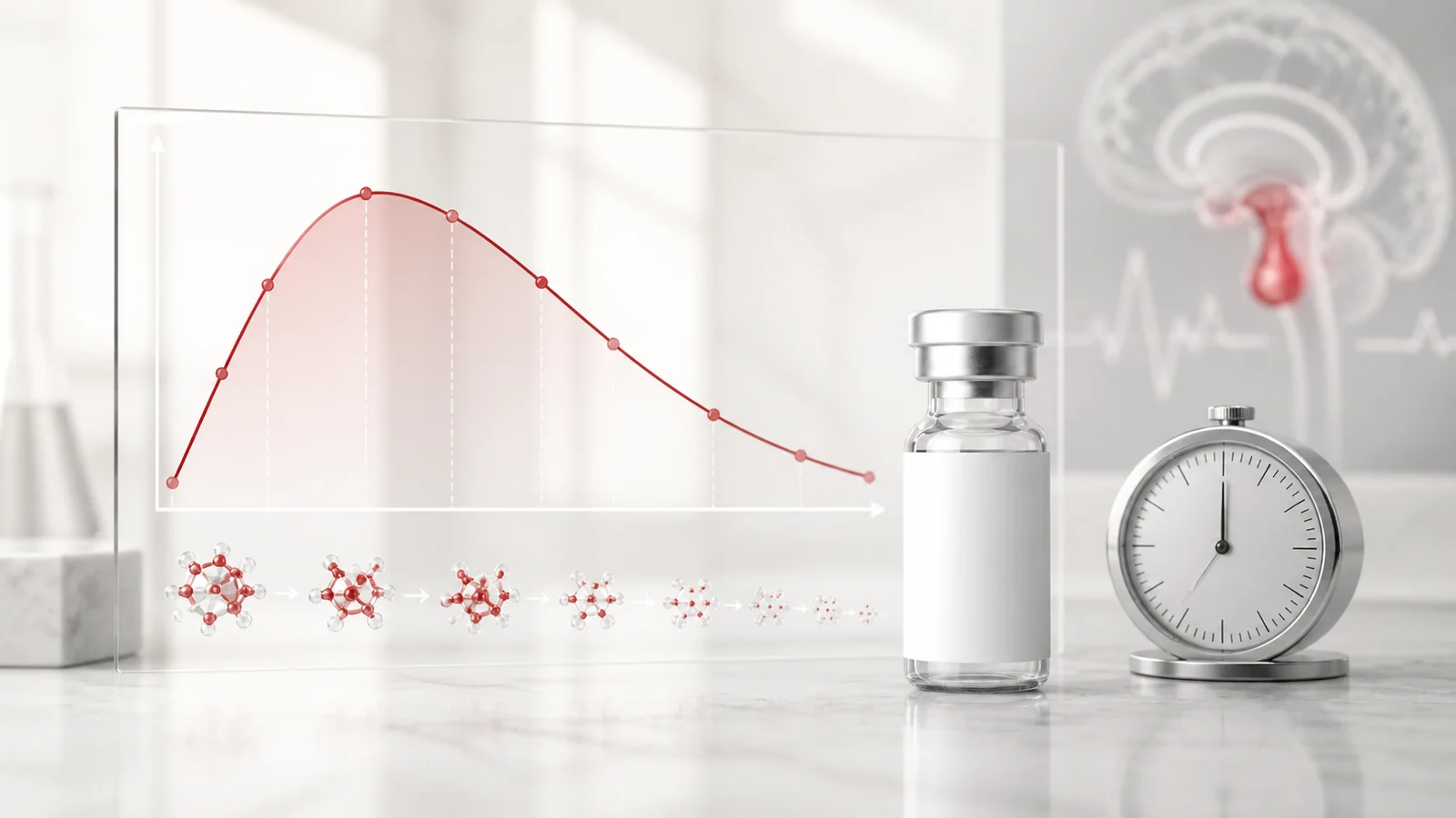 Ipamorelin half-life research concept with laboratory vial, clock and concentration curve