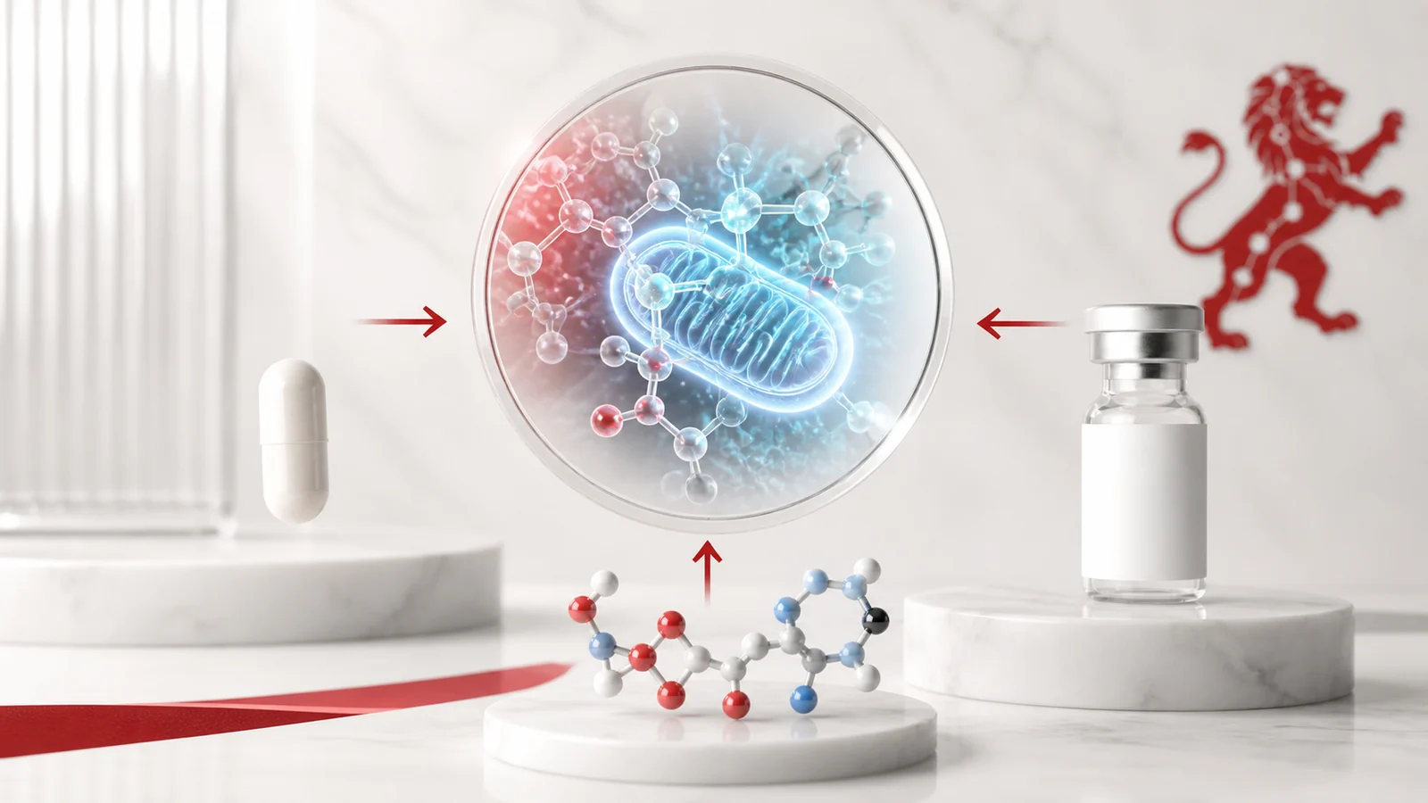 Comparaison de recherche du NAD oral et injectable avec capsule, fiole, molécule et mitochondrie