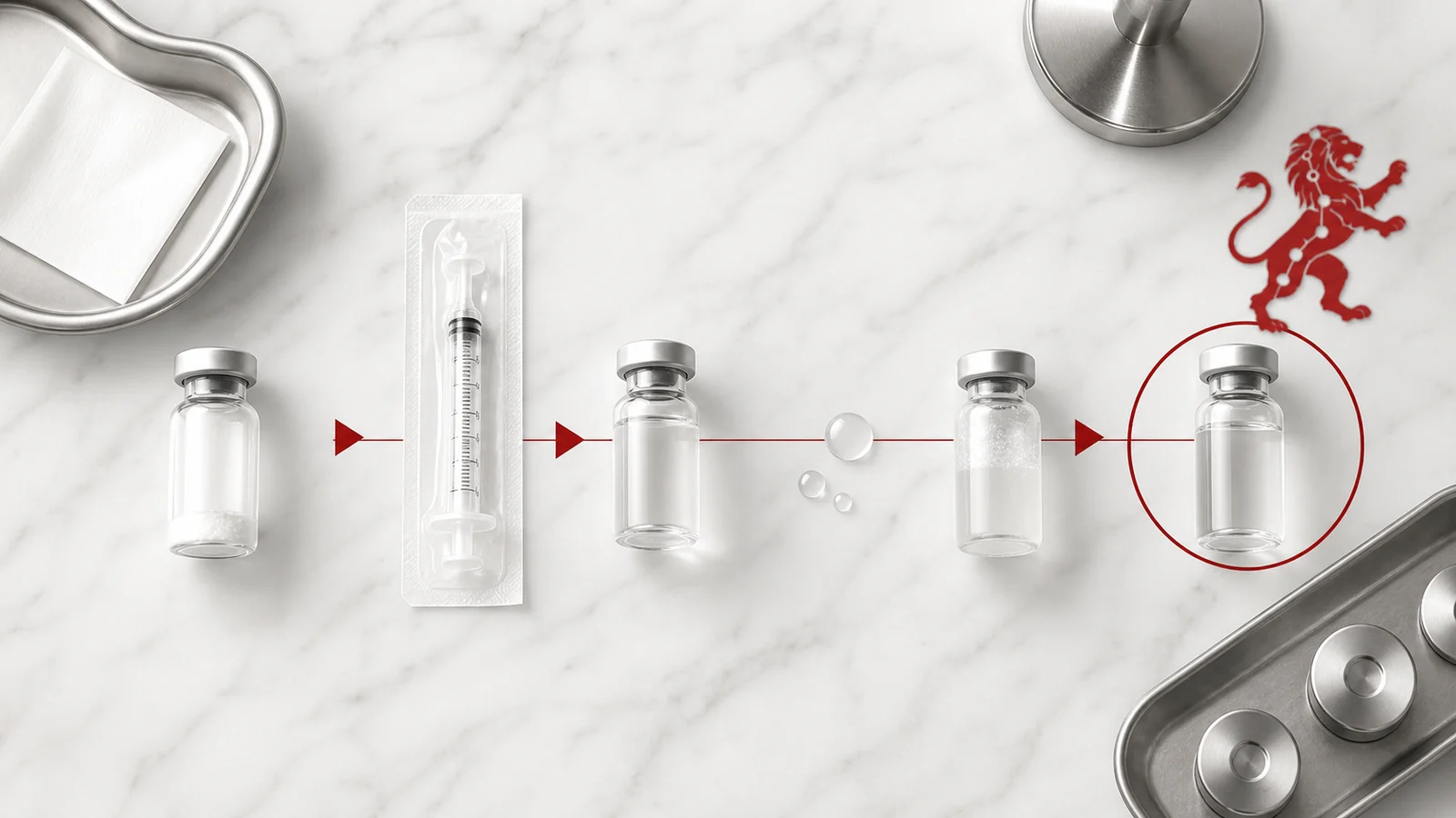 Peptide reconstitution research setup with vial, bacteriostatic water and measured dilution equipment