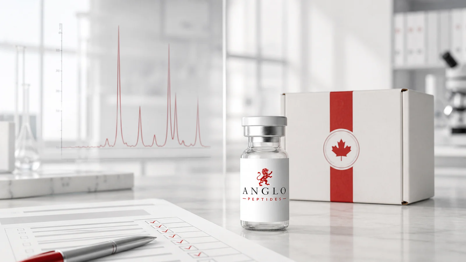 Contrôle de qualité canadien des peptides avec fiole de recherche, chromatogramme et expédition nationale sécurisée