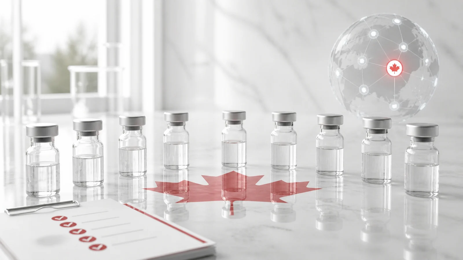 Sémaglutide au Canada représenté par des fioles de recherche, un reflet de feuille d’érable et un document de qualité