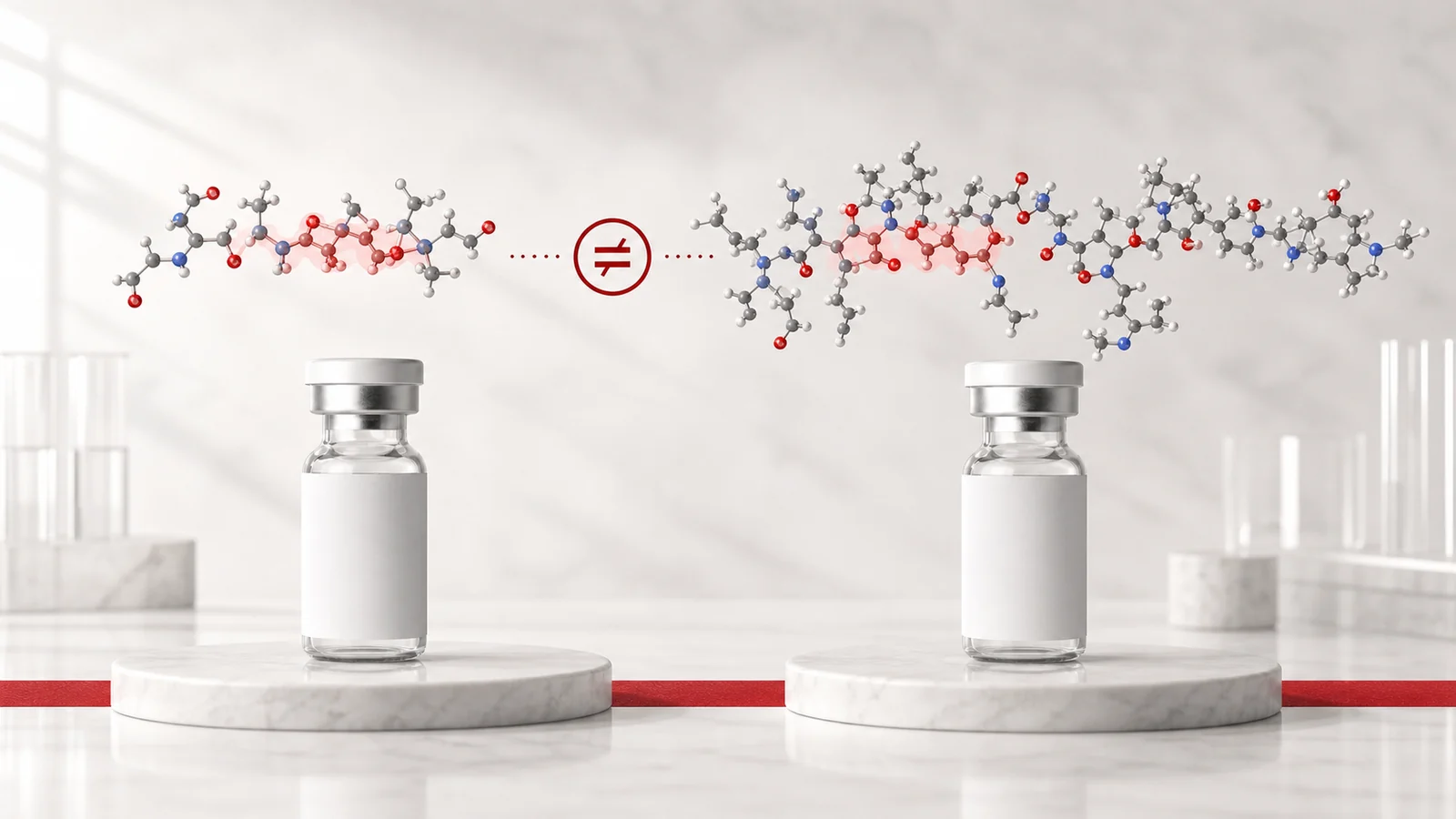 Comparaison moléculaire du TB-500 et de la thymosine bêta-4 avec structures distinctes et fioles de recherche