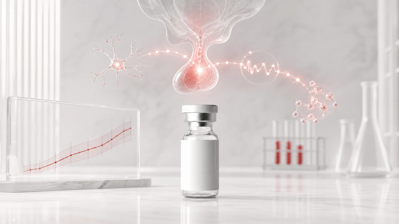 Tesamorelin research concept with laboratory vial and GHRH, growth hormone and IGF-1 pathway visualization