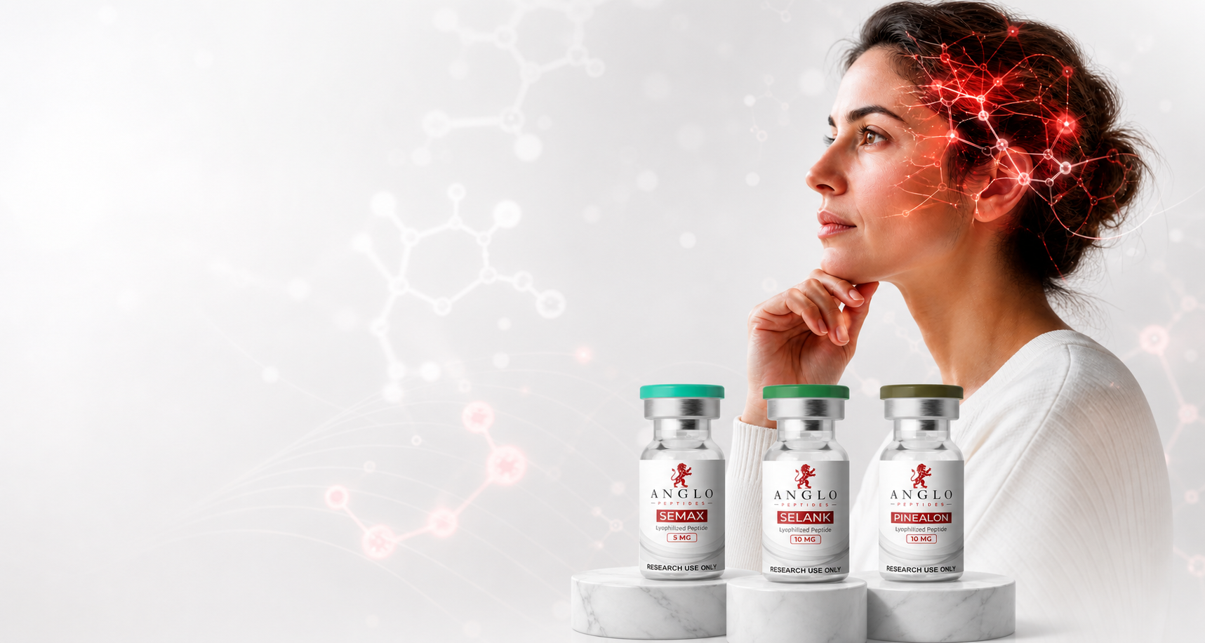 Focused professional with research peptide vials for the cognitive peptide category