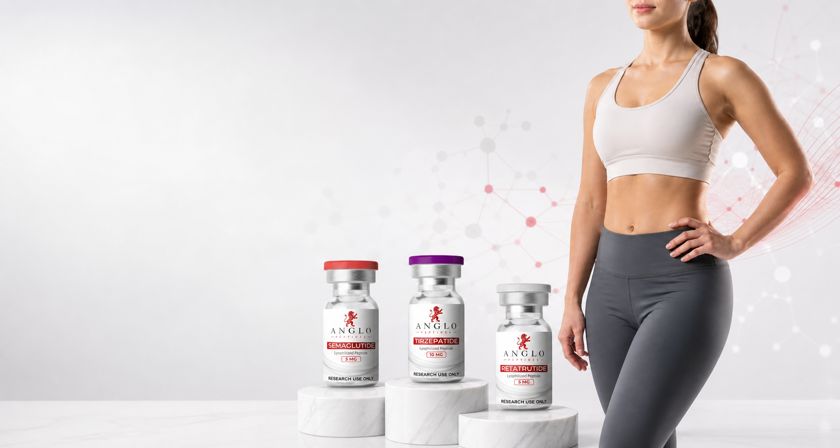 Athletic woman with research peptide vials for the fat loss peptide category