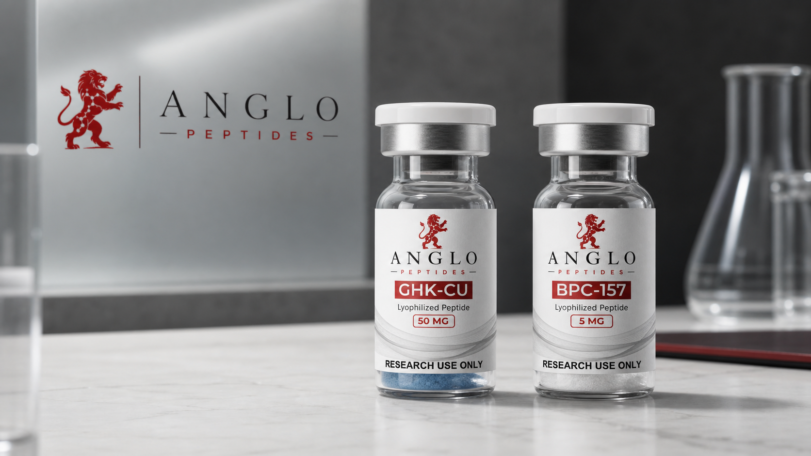 Anglo Peptides GHK-Cu and BPC-157 research vials beside the Anglo Peptides logo in a laboratory.