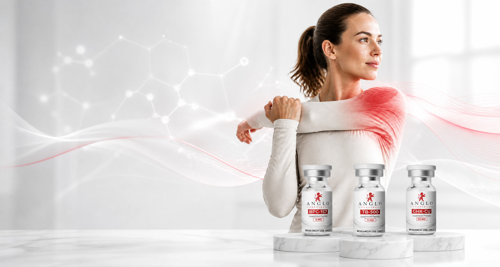 Active adult recovering with research peptide vials for the healing and recovery category