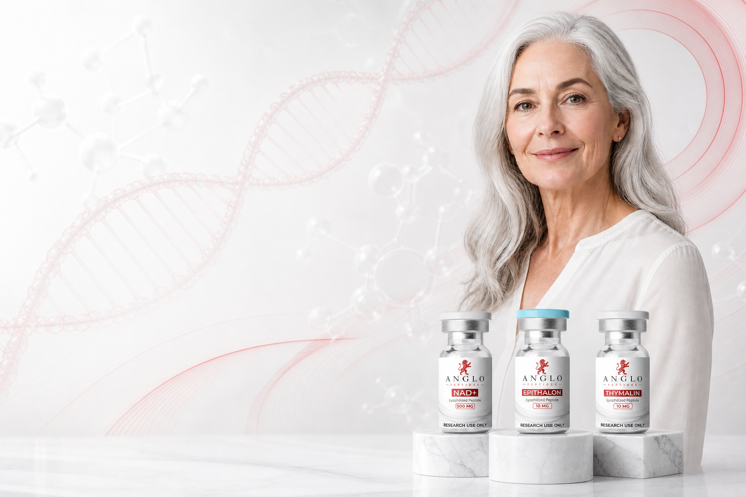 Healthy mature adult with research peptide vials for the longevity peptide category