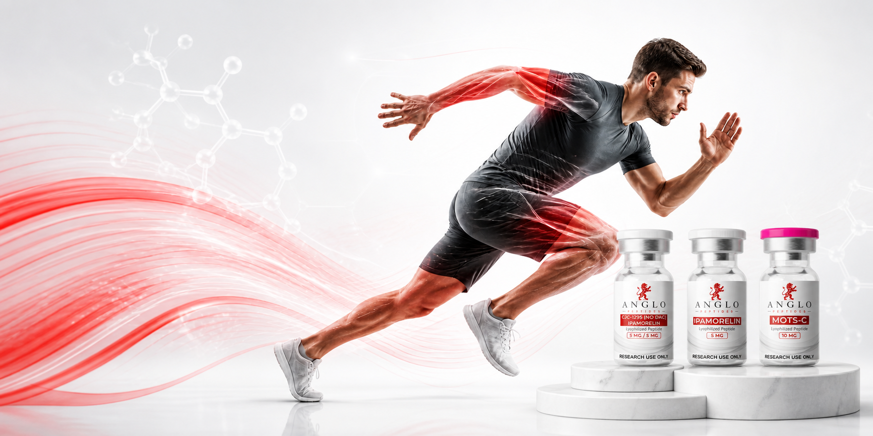Athlete in training with research peptide vials for the performance category