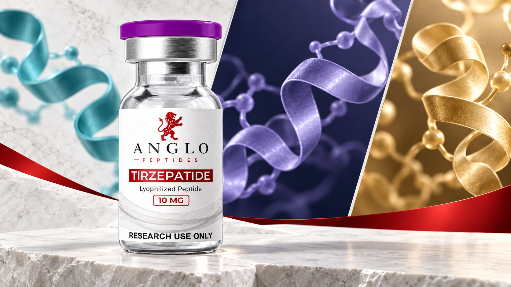 Anglo Peptides Tirzepatide vial with three abstract research pathway motifs